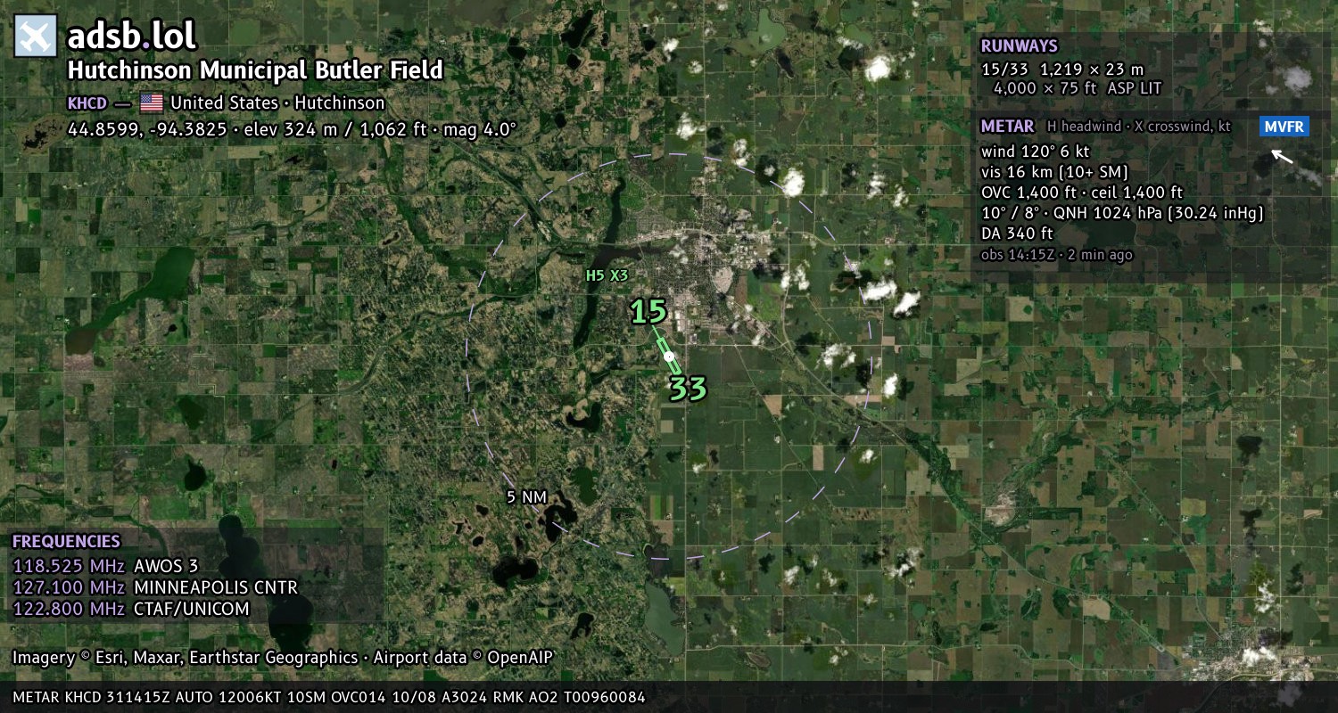 Satellite map with the runway layout of Hutchinson Municipal Butler Field (KHCD)