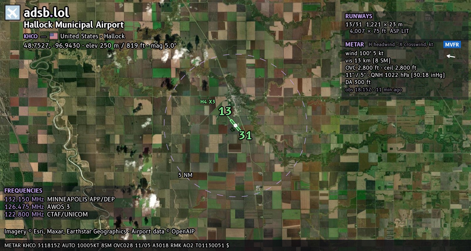 Satellite map with the runway layout of Hallock Municipal Airport (KHCO)