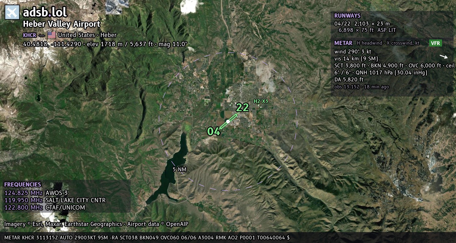 Satellite map with the runway layout of Heber Valley Airport (KHCR)