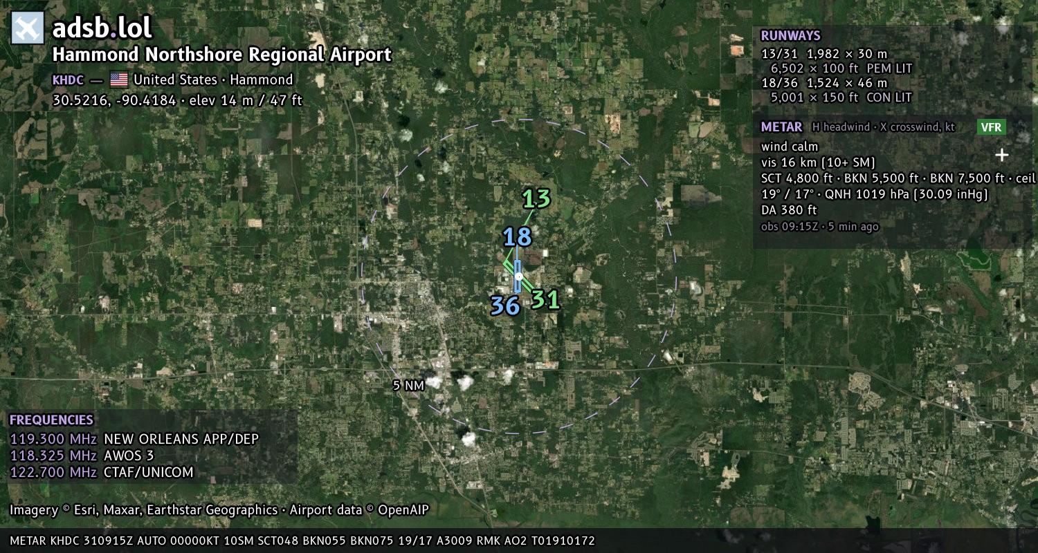 Satellite map with the runway layout of Hammond Northshore Regional Airport (KHDC)
