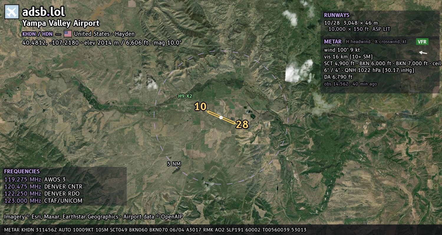Satellite map with the runway layout of Yampa Valley Airport (KHDN)