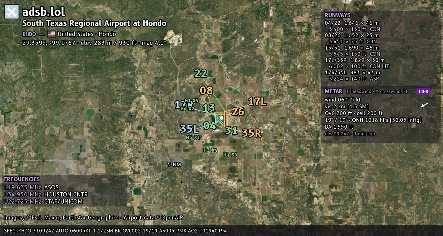 Satellite map with the runway layout of South Texas Regional Airport at Hondo (KHDO)