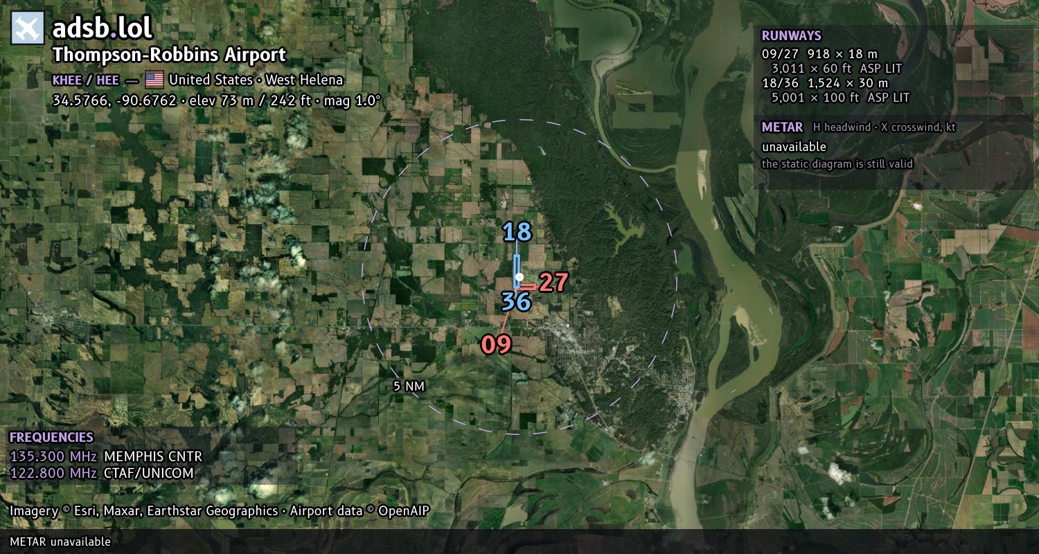 Satellite map with the runway layout of Thompson-Robbins Airport (KHEE)