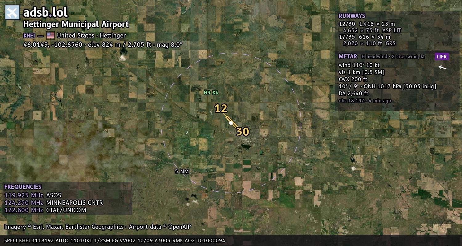 Satellite map with the runway layout of Hettinger Municipal Airport (KHEI)