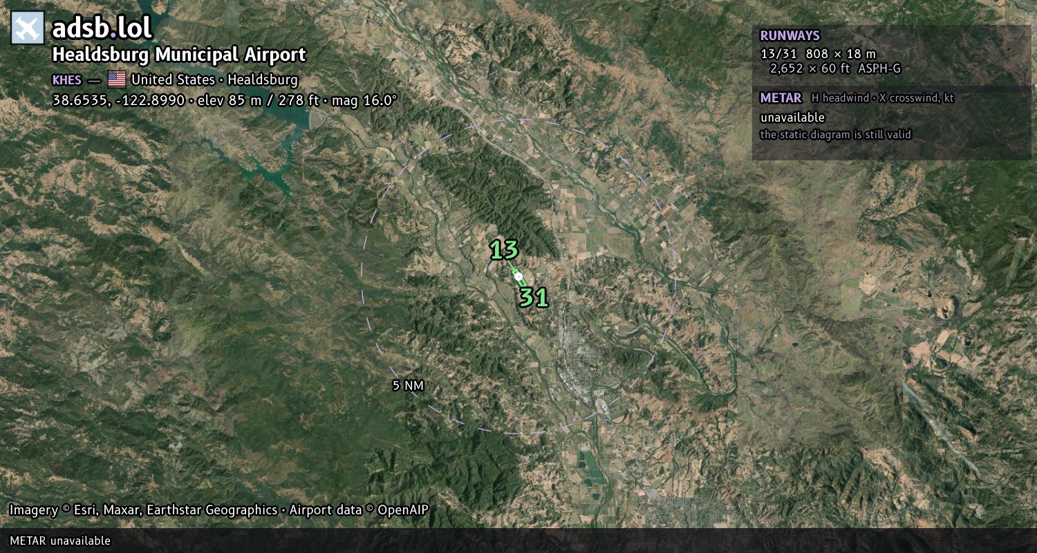 Satellite map with the runway layout of Healdsburg Municipal Airport (KHES)