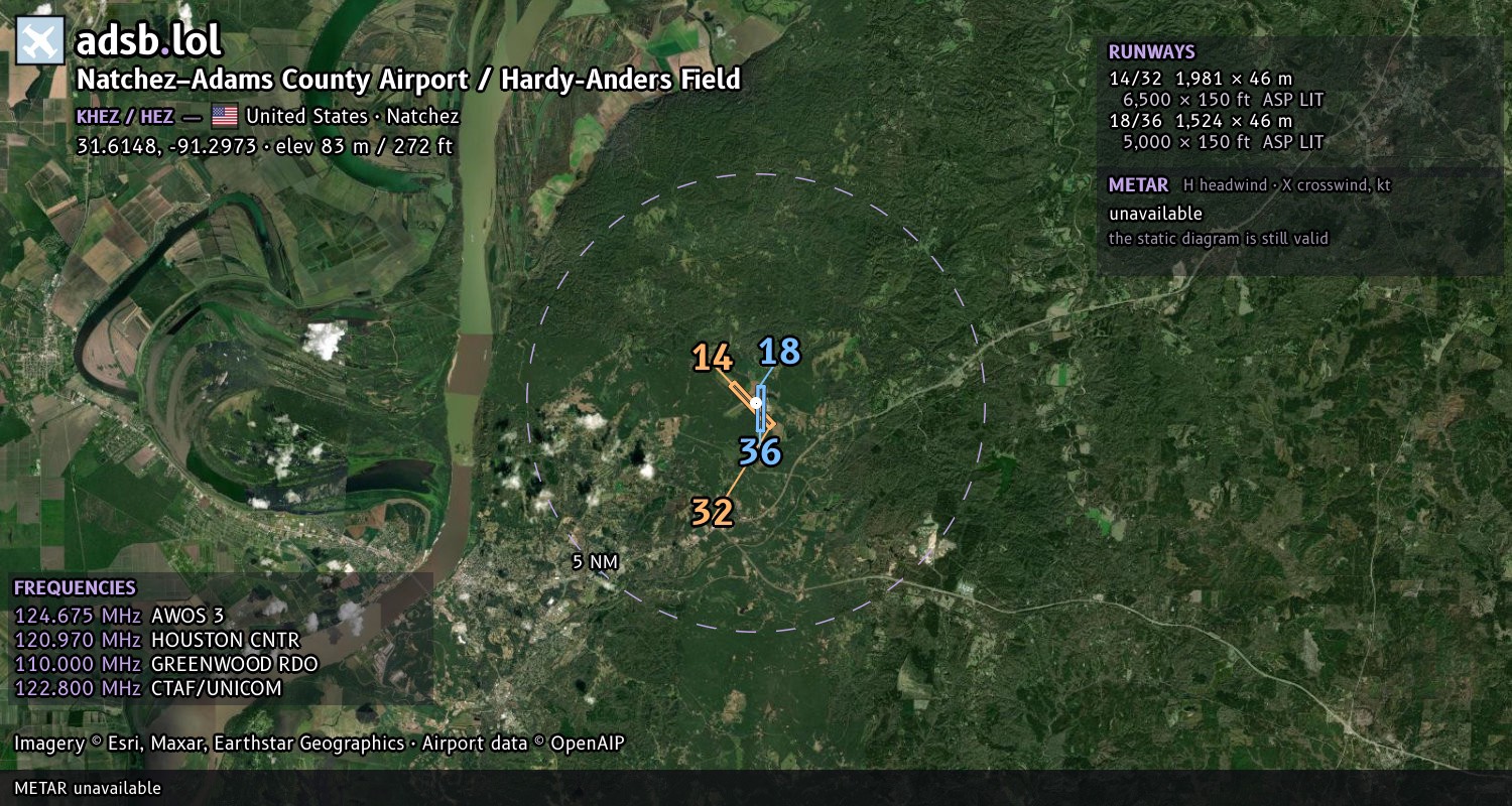 Satellite map with the runway layout of Natchez–Adams County Airport / Hardy-Anders Field (KHEZ)
