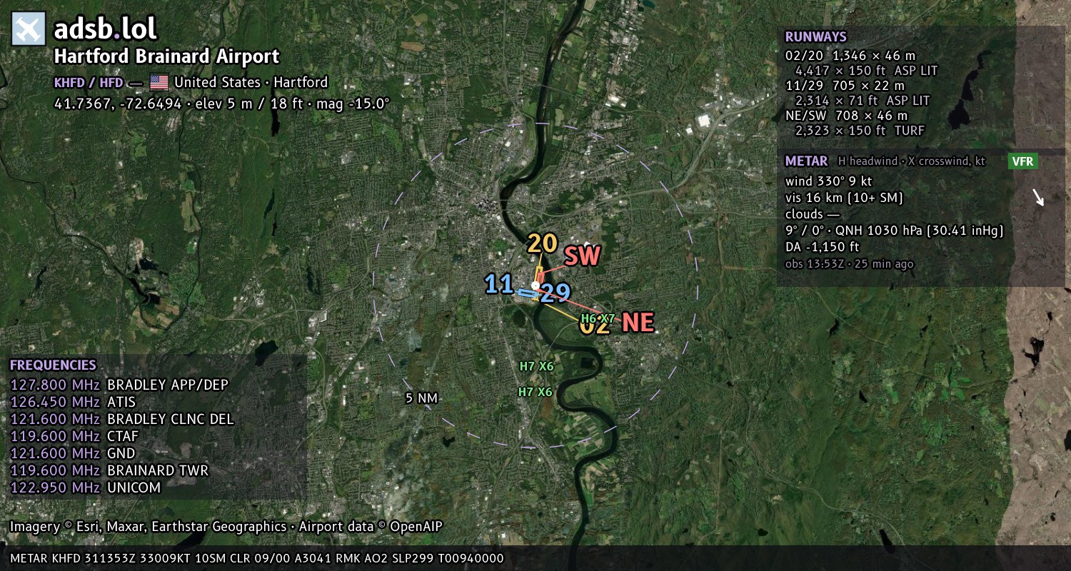 Satellite map with the runway layout of Hartford Brainard Airport (KHFD)