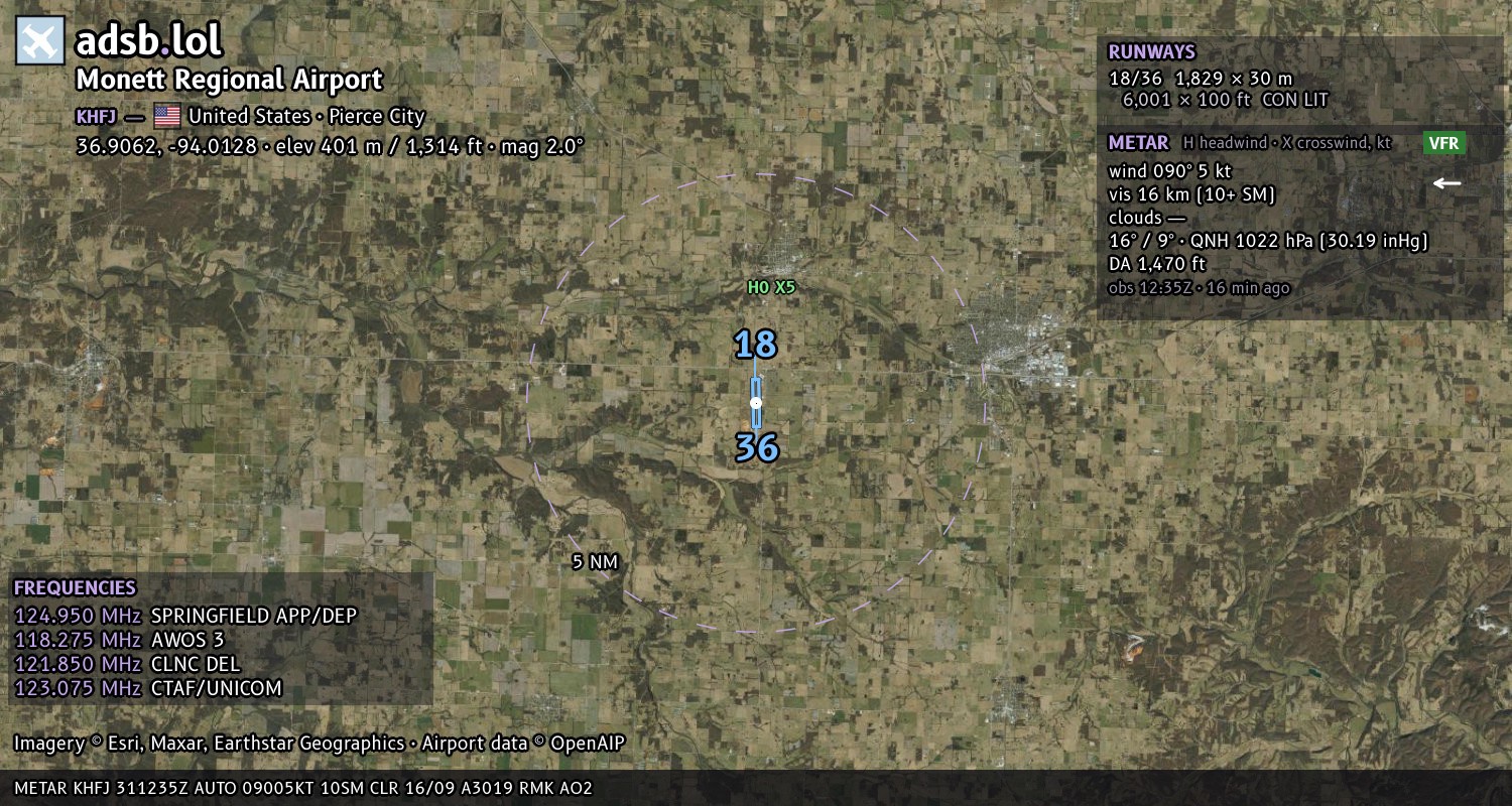 Satellite map with the runway layout of Monett Regional Airport (KHFJ)