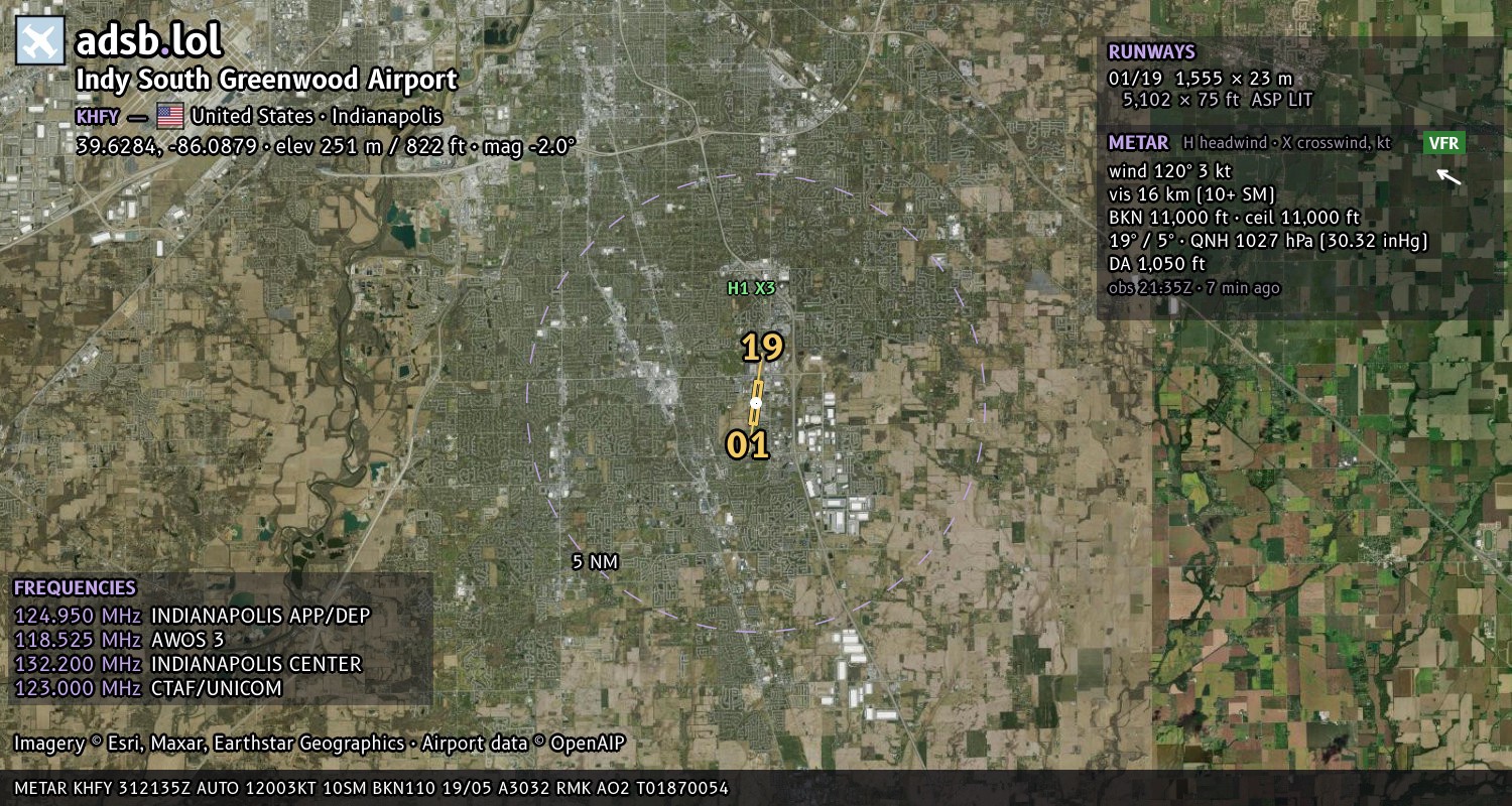 Satellite map with the runway layout of Indy South Greenwood Airport (KHFY)