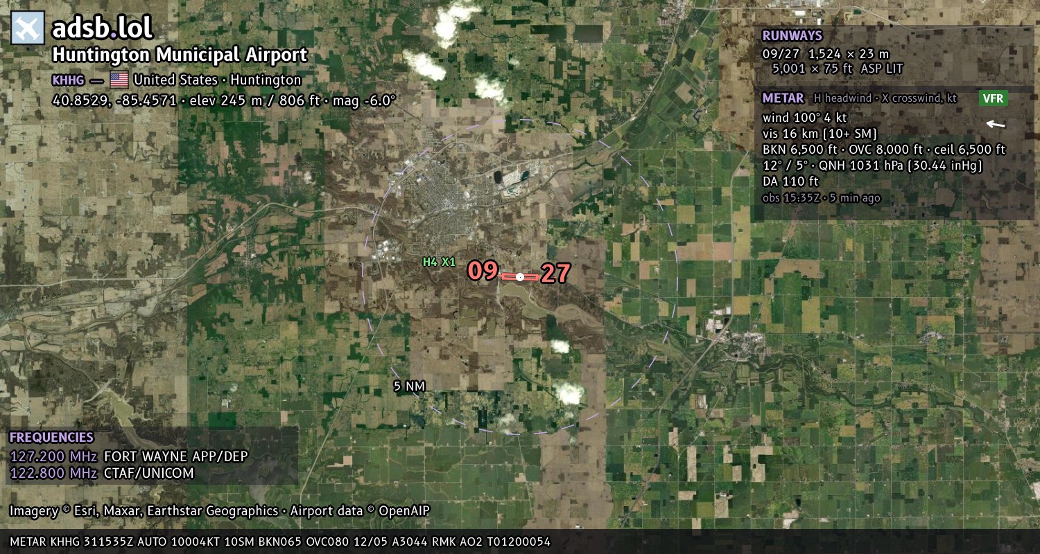 Satellite map with the runway layout of Huntington Municipal Airport (KHHG)