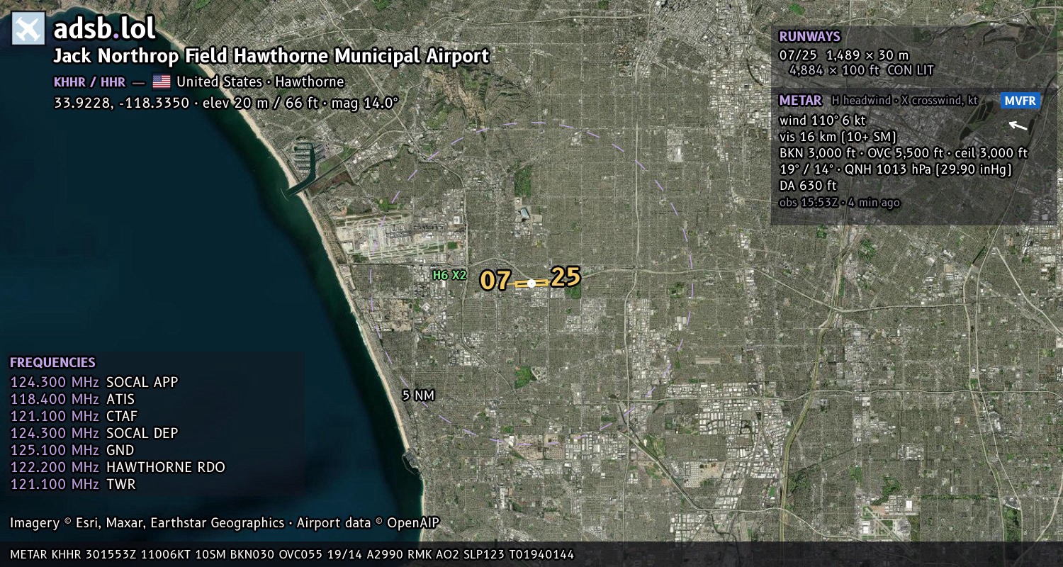 Satellite map with the runway layout of Jack Northrop Field Hawthorne Municipal Airport (KHHR)
