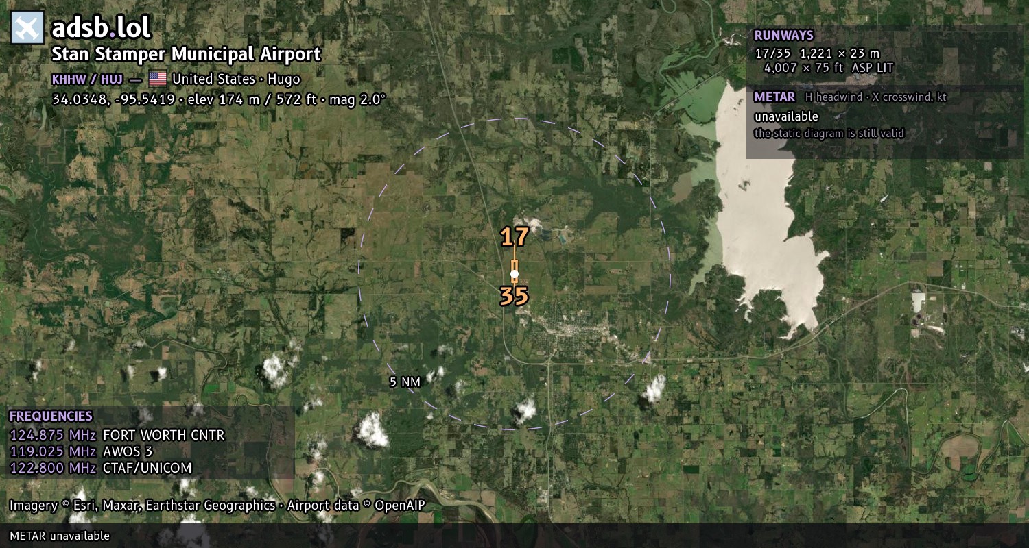 Satellite map with the runway layout of Stan Stamper Municipal Airport (KHHW)