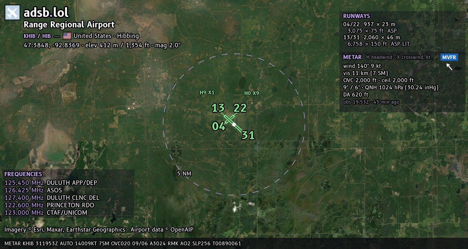 Satellite map with the runway layout of Range Regional Airport (KHIB)