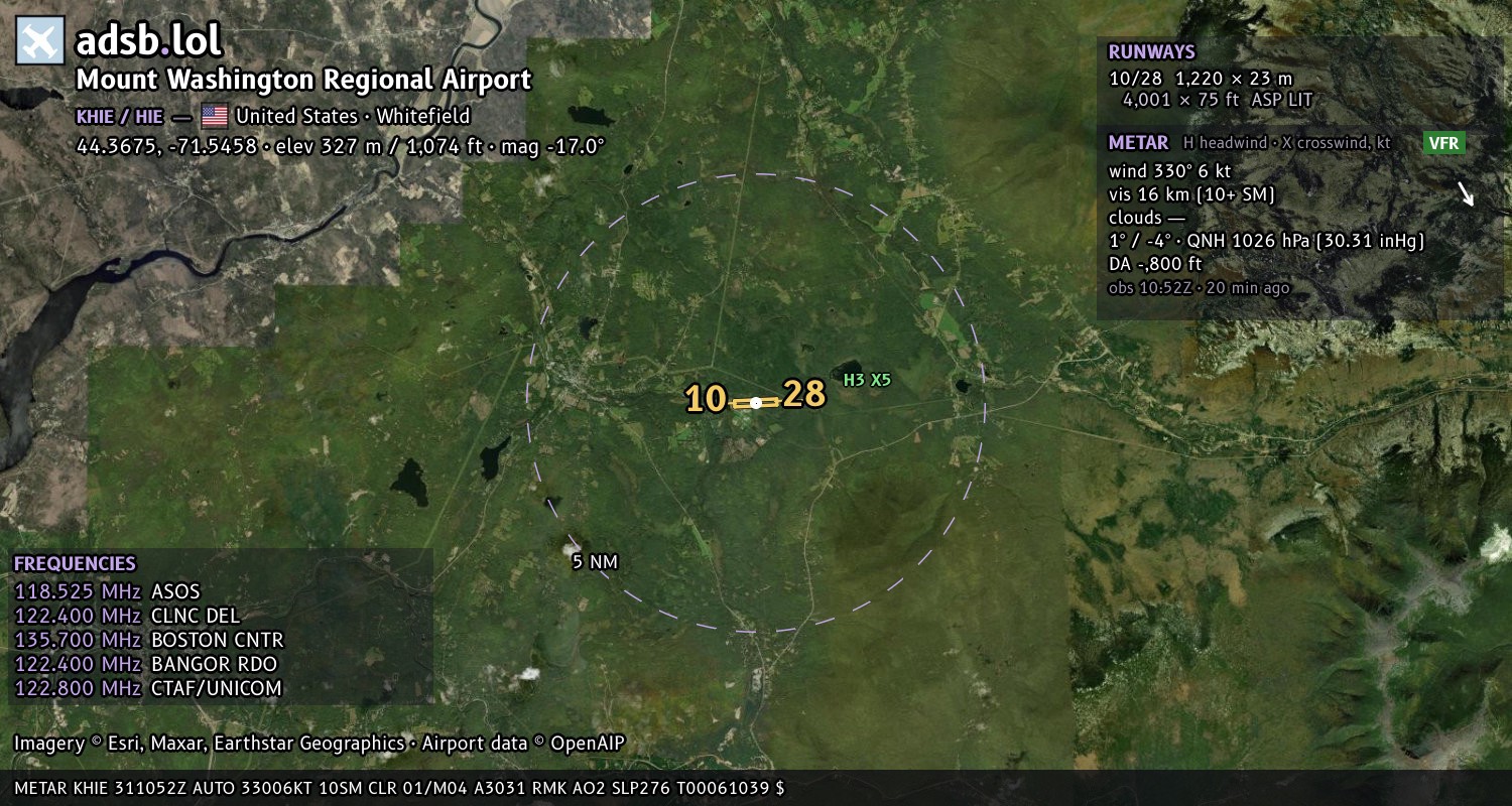 Satellite map with the runway layout of Mount Washington Regional Airport (KHIE)