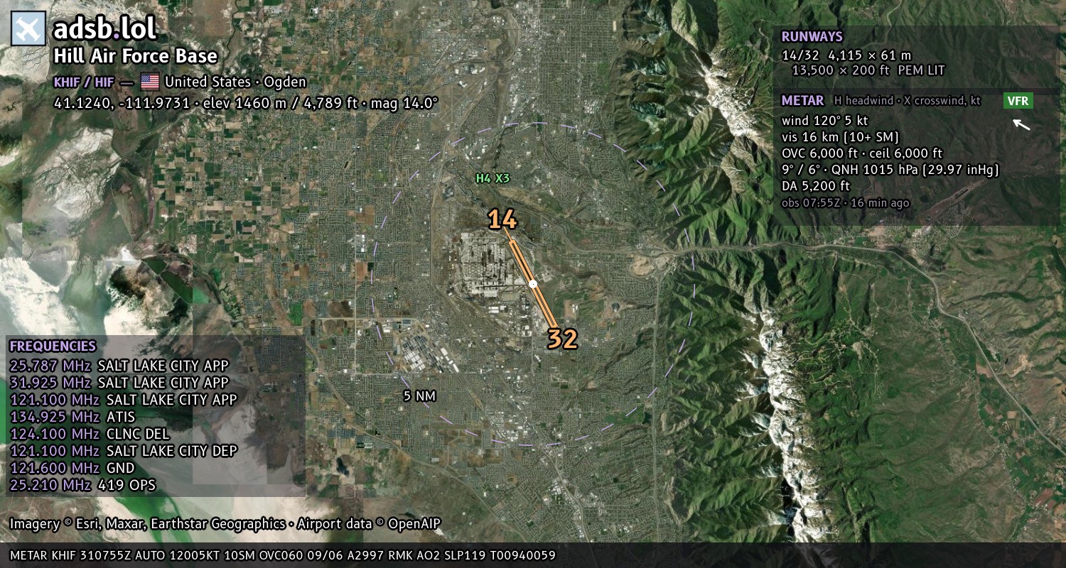 Satellite map with the runway layout of Hill Air Force Base (KHIF)