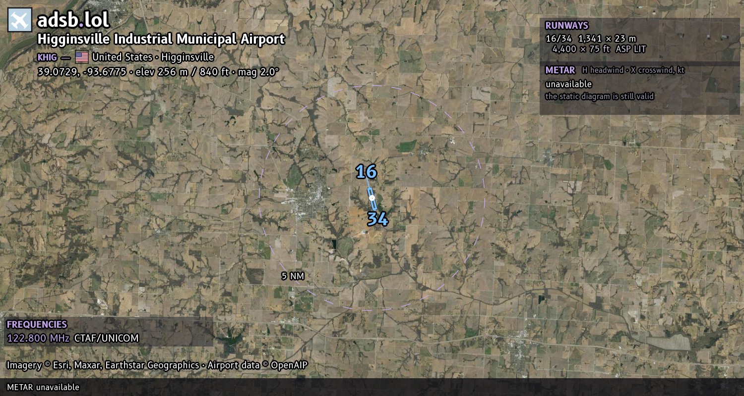 Satellite map with the runway layout of Higginsville Industrial Municipal Airport (KHIG)