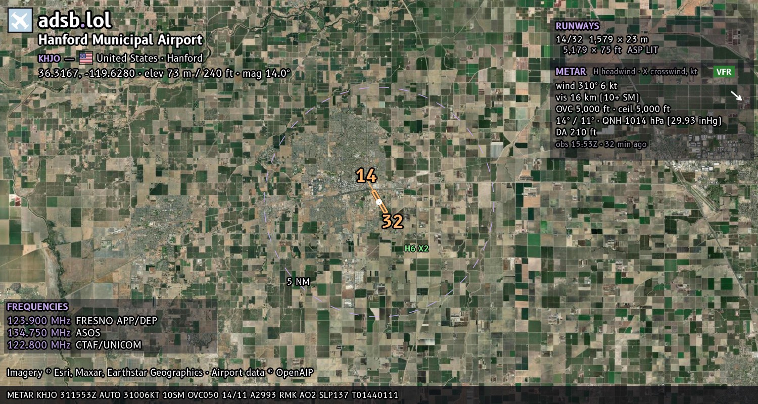 Satellite map with the runway layout of Hanford Municipal Airport (KHJO)