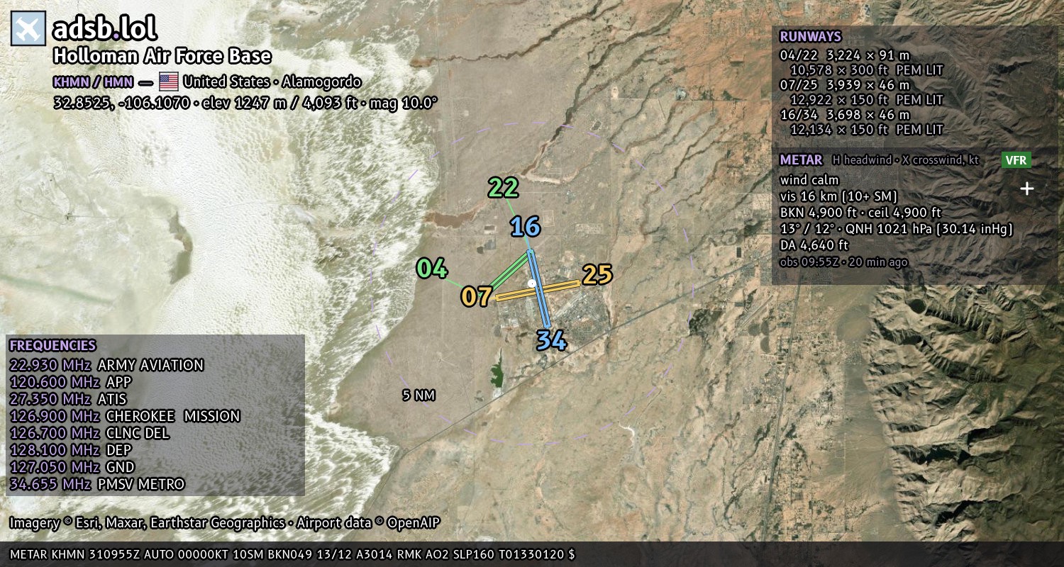 Satellite map with the runway layout of Holloman Air Force Base (KHMN)
