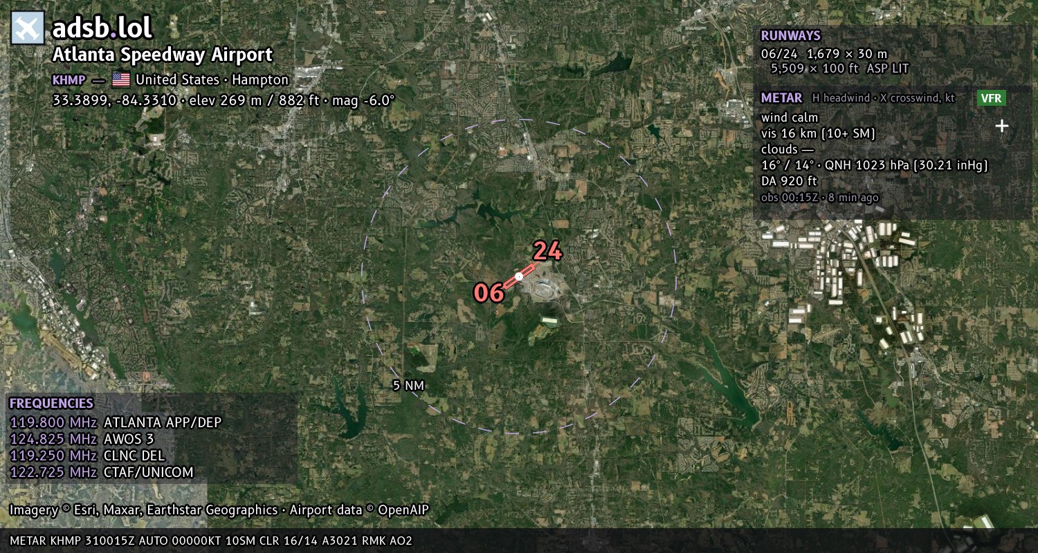 Satellite map with the runway layout of Atlanta Speedway Airport (KHMP)