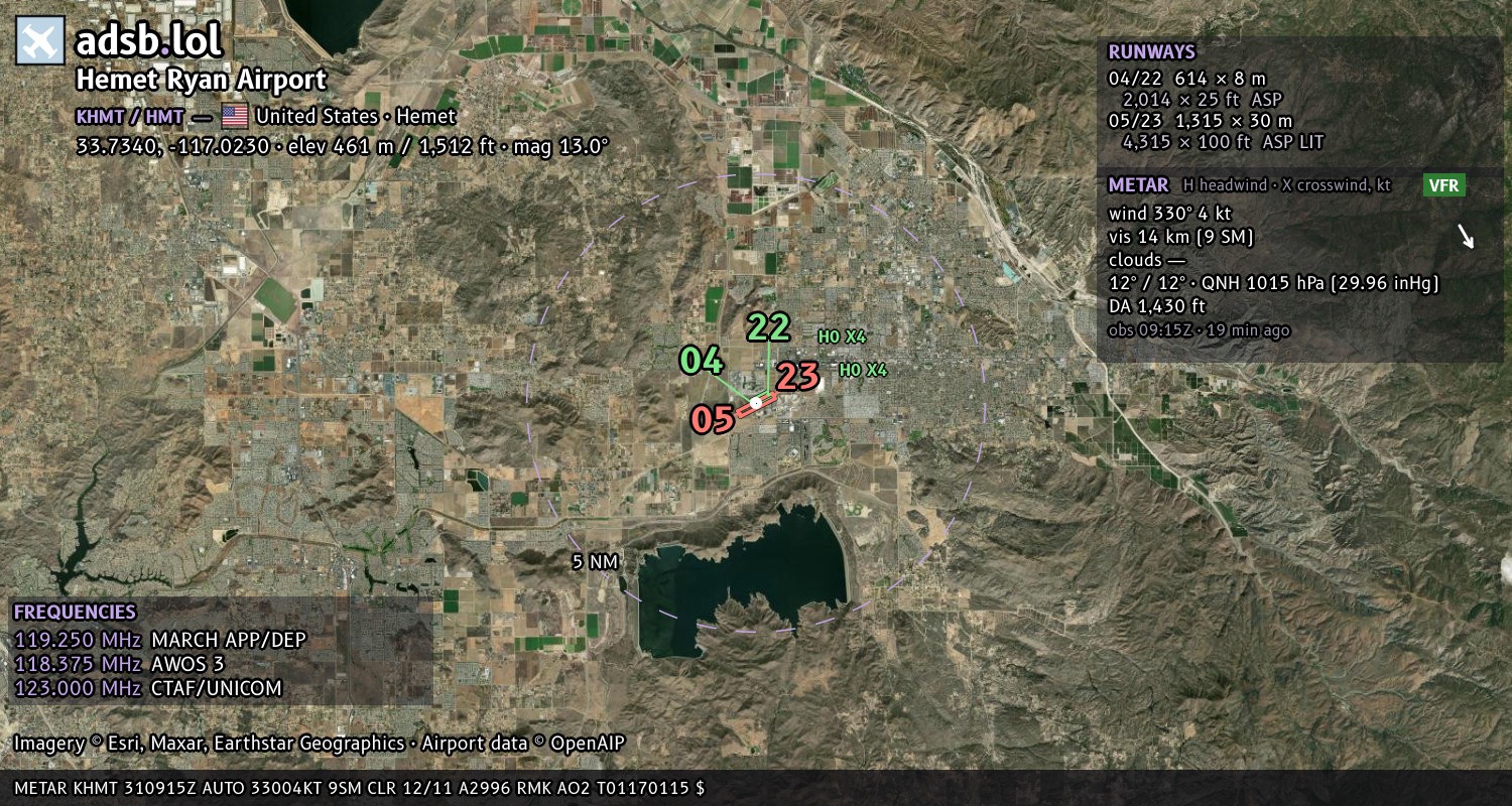 Satellite map with the runway layout of Hemet Ryan Airport (KHMT)