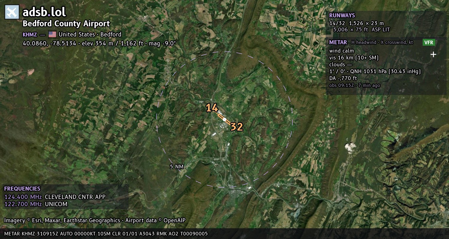 Satellite map with the runway layout of Bedford County Airport (KHMZ)