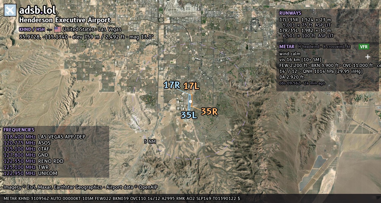 Satellite map with the runway layout of Henderson Executive Airport (KHND)
