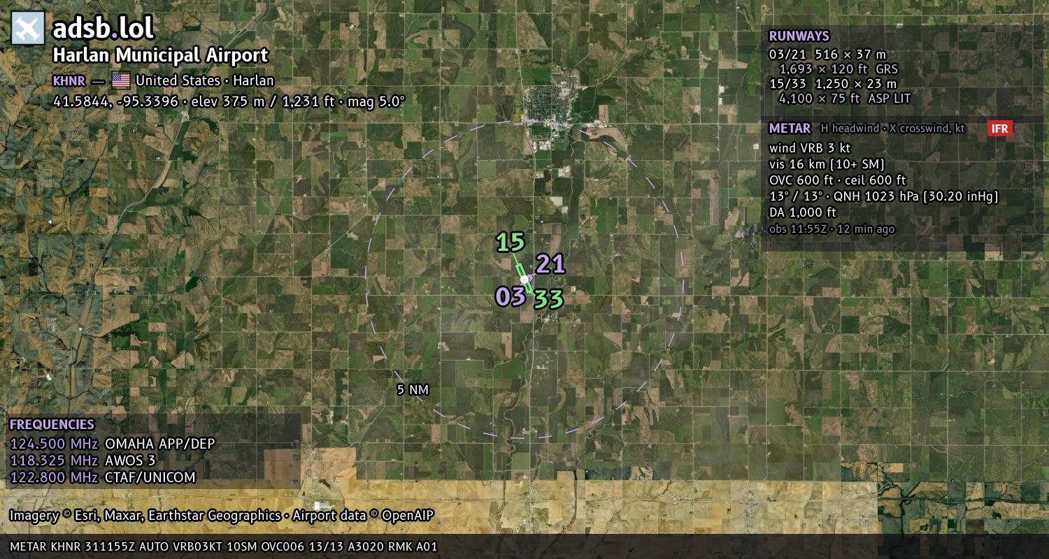 Satellite map with the runway layout of Harlan Municipal Airport (KHNR)