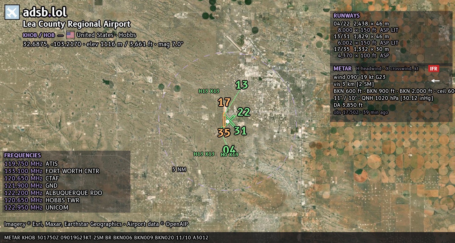 Satellite map with the runway layout of Lea County Regional Airport (KHOB)