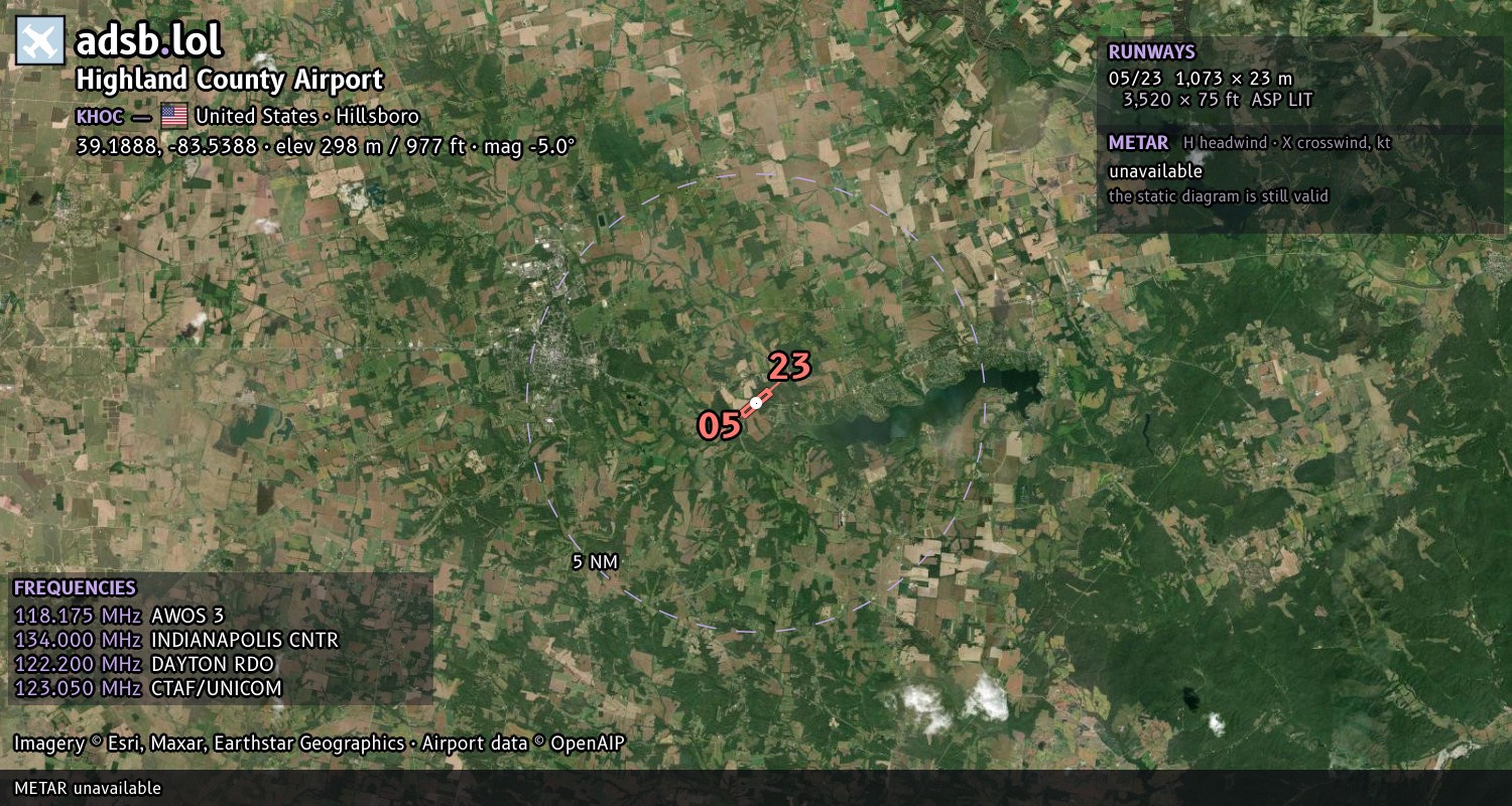 Satellite map with the runway layout of Highland County Airport (KHOC)