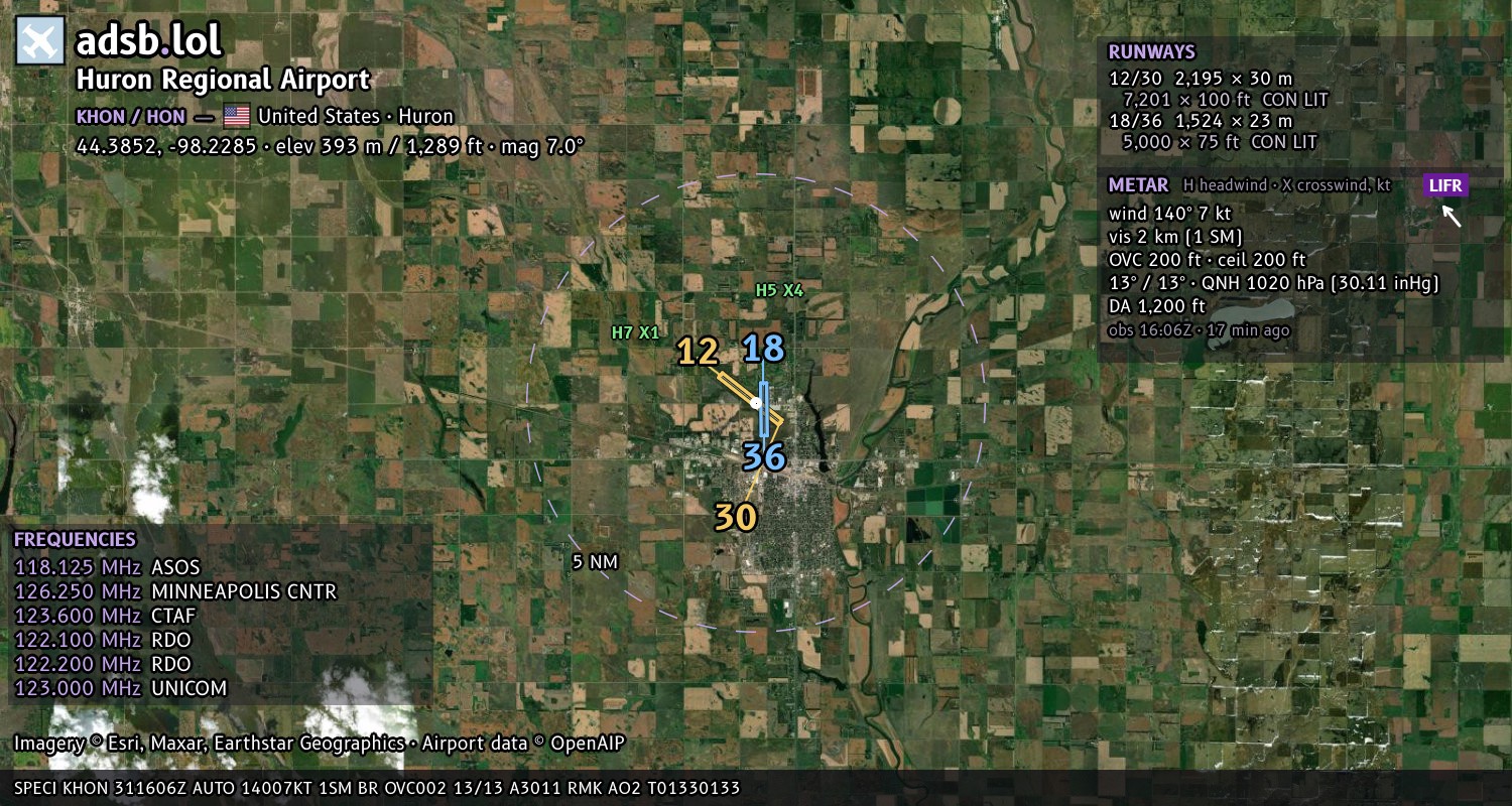 Satellite map with the runway layout of Huron Regional Airport (KHON)