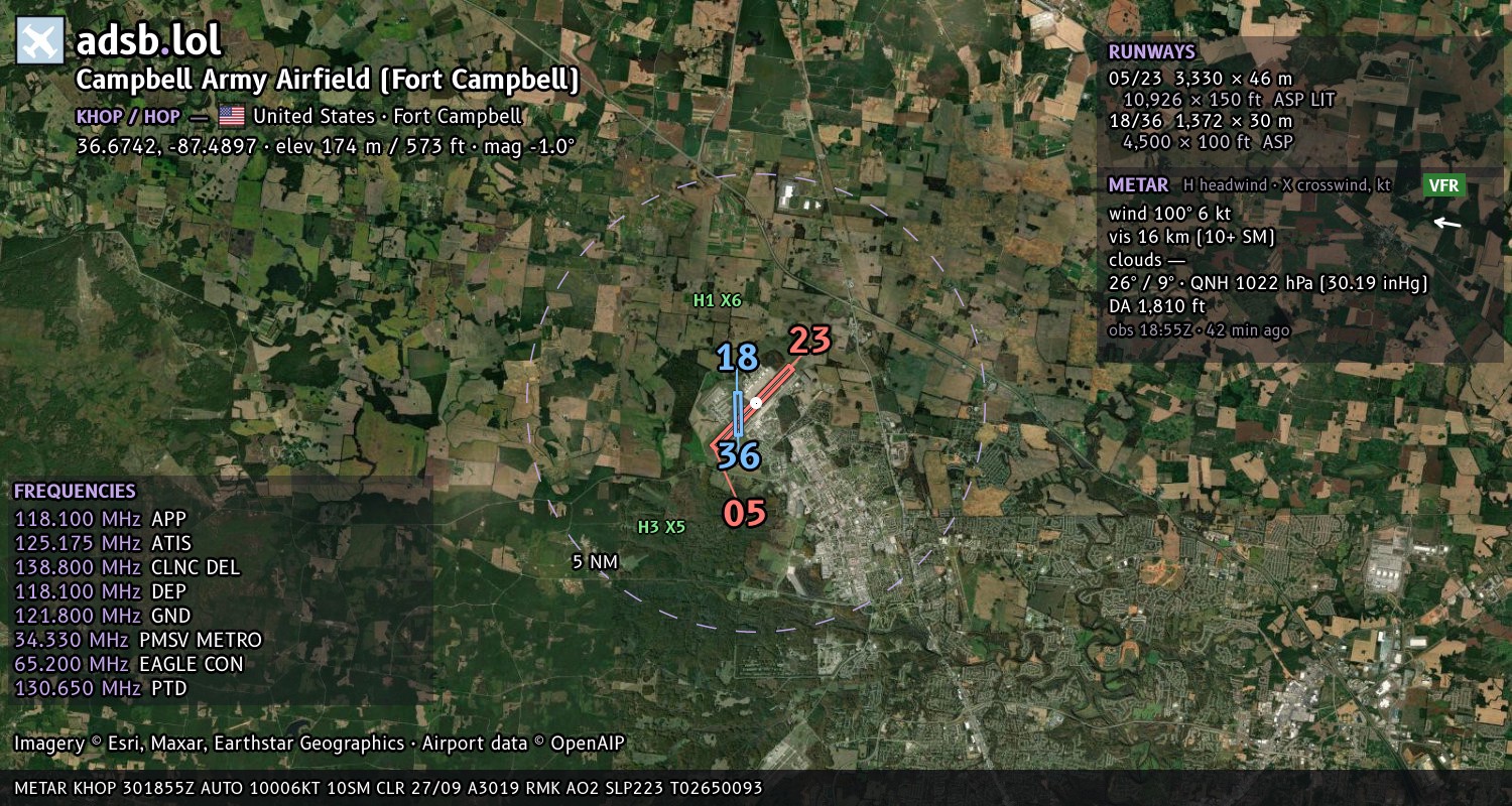 Satellite map with the runway layout of Campbell Army Airfield (Fort Campbell) (KHOP)