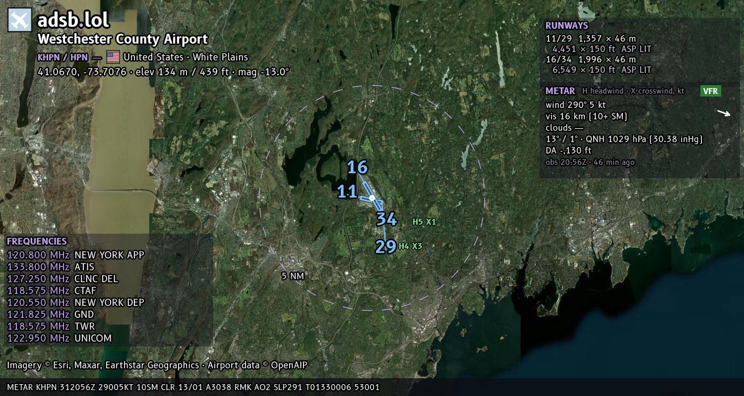 Satellite map with the runway layout of Westchester County Airport (KHPN)