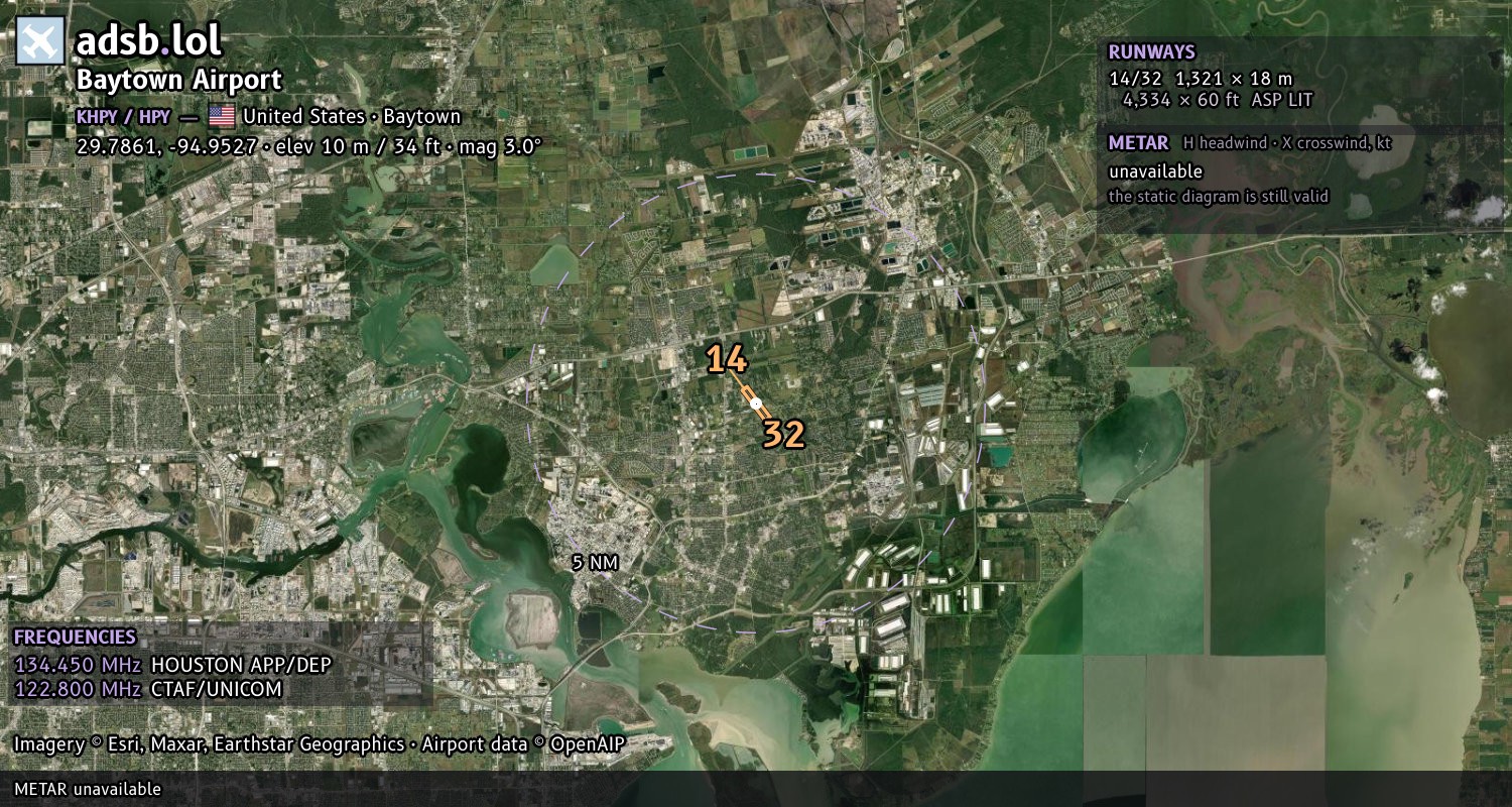 Satellite map with the runway layout of Baytown Airport (KHPY)