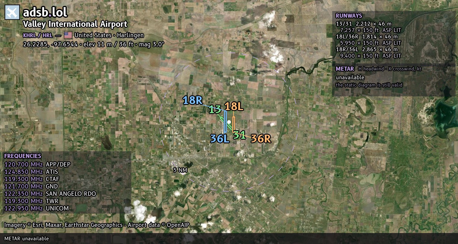 Satellite map with the runway layout of Valley International Airport (KHRL)