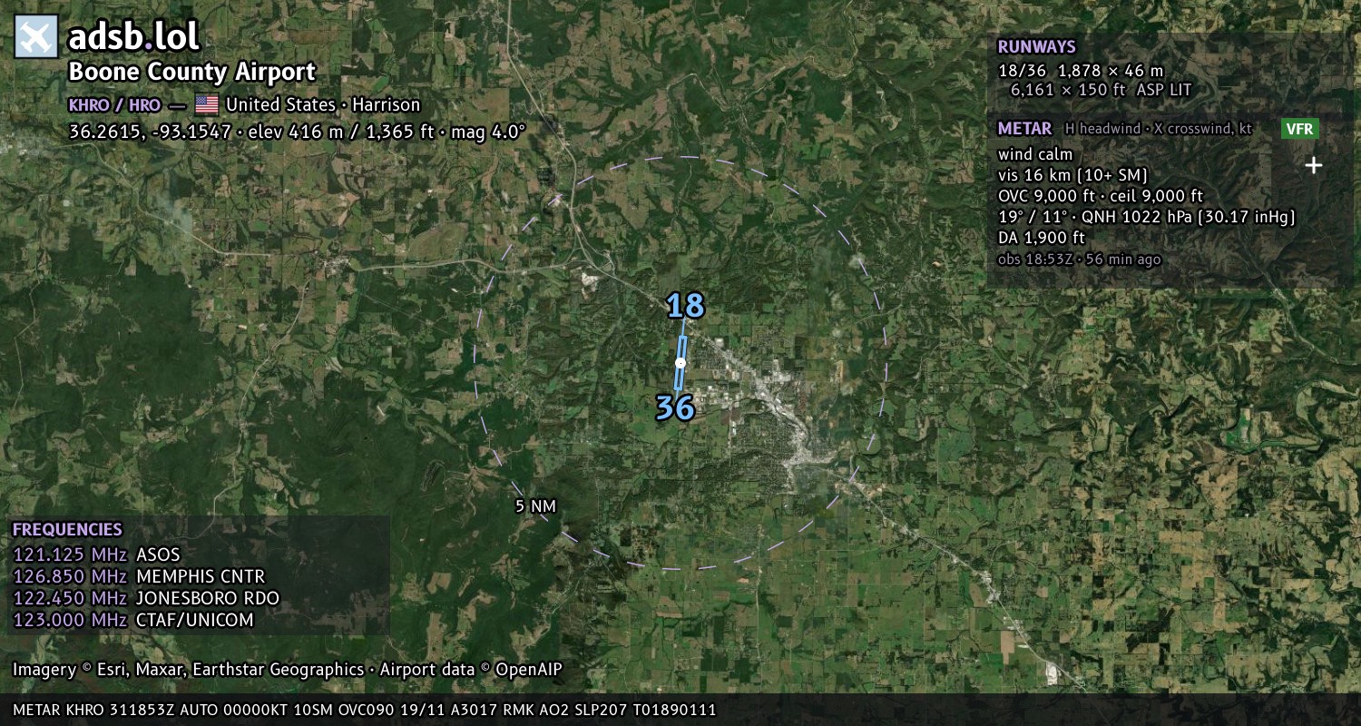Satellite map with the runway layout of Boone County Airport (KHRO)