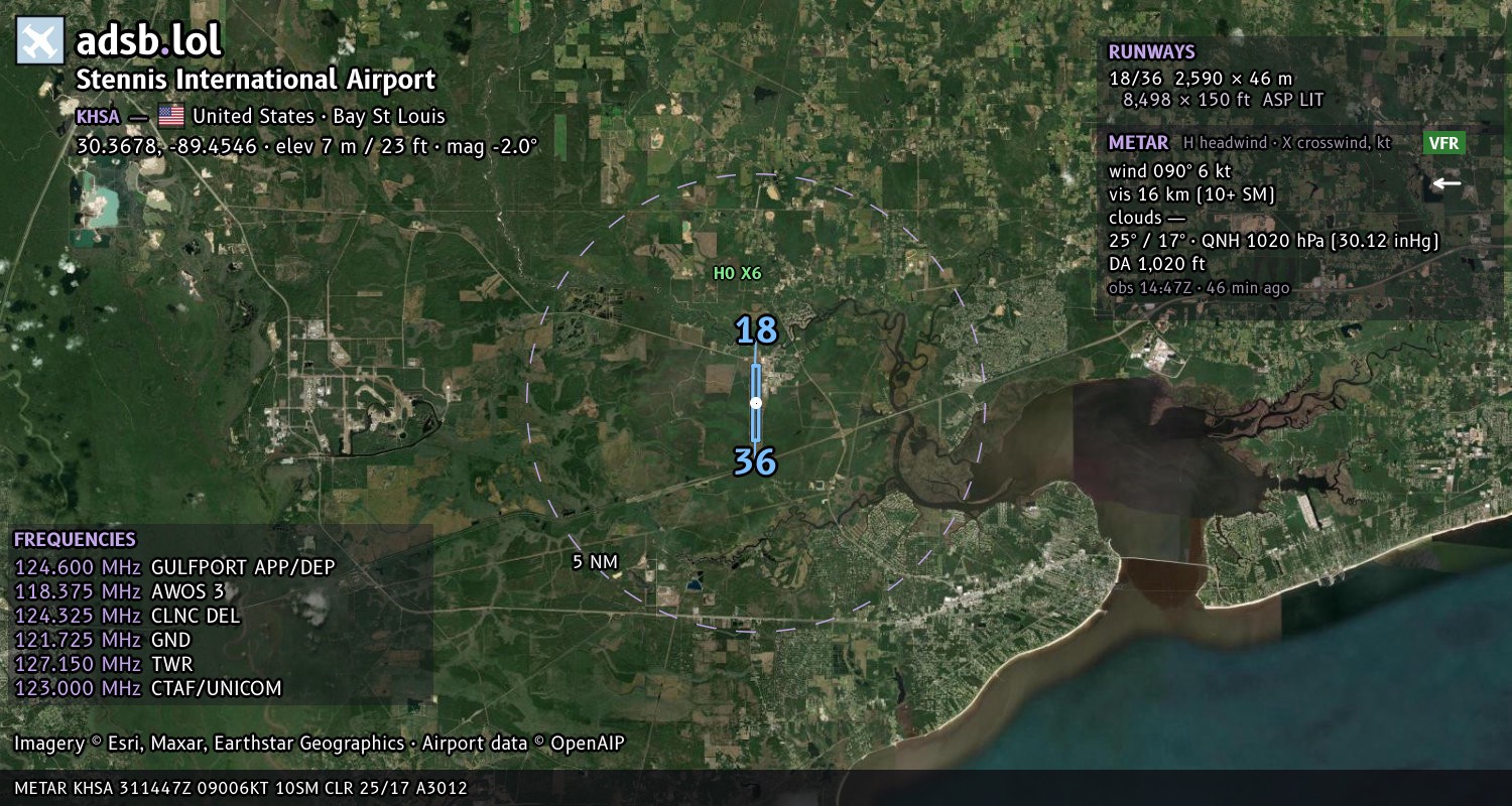 Satellite map with the runway layout of Stennis International Airport (KHSA)