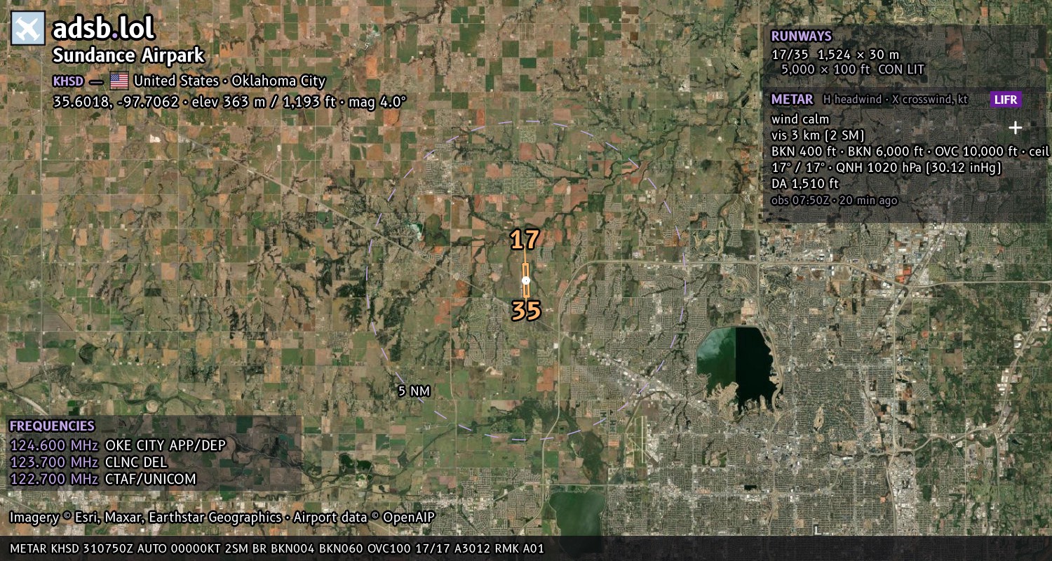 Satellite map with the runway layout of Sundance Airpark (KHSD)
