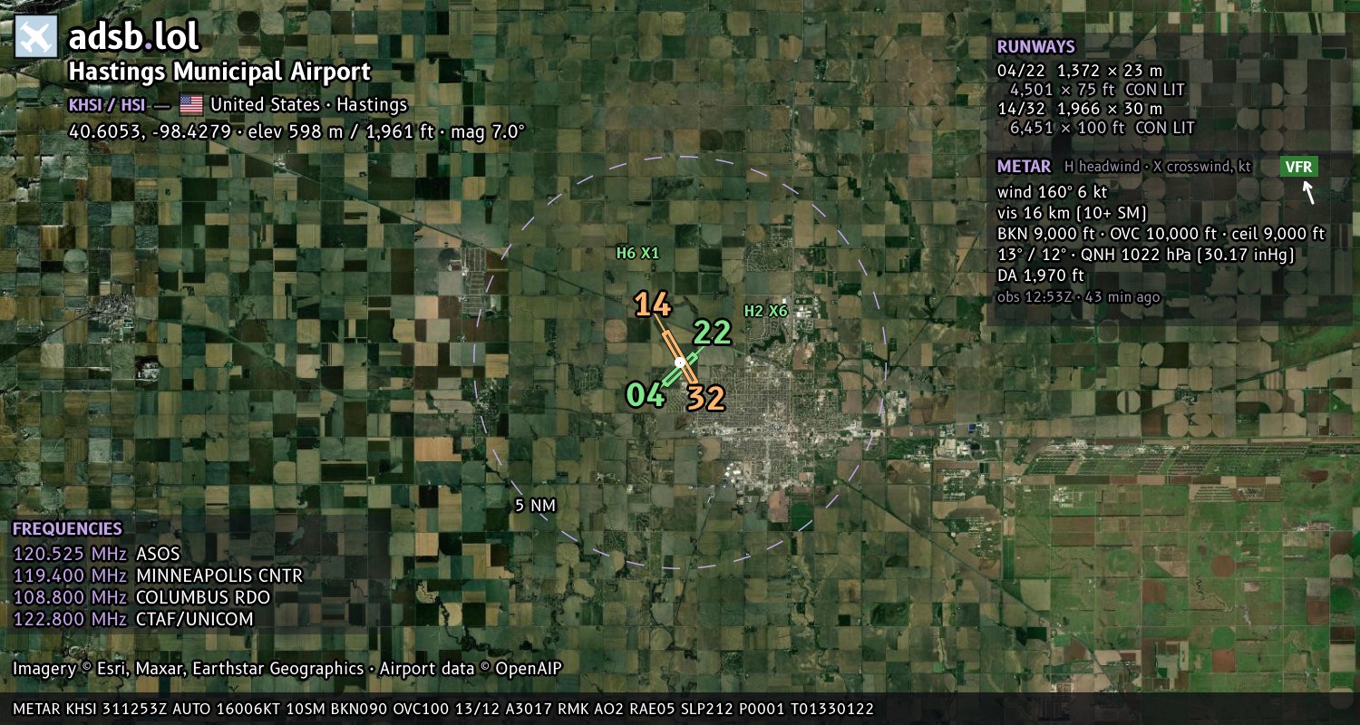 Satellite map with the runway layout of Hastings Municipal Airport (KHSI)