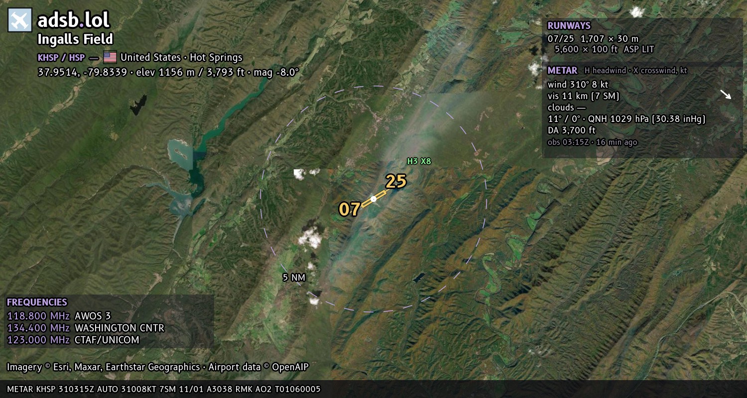 Satellite map with the runway layout of Ingalls Field (KHSP)