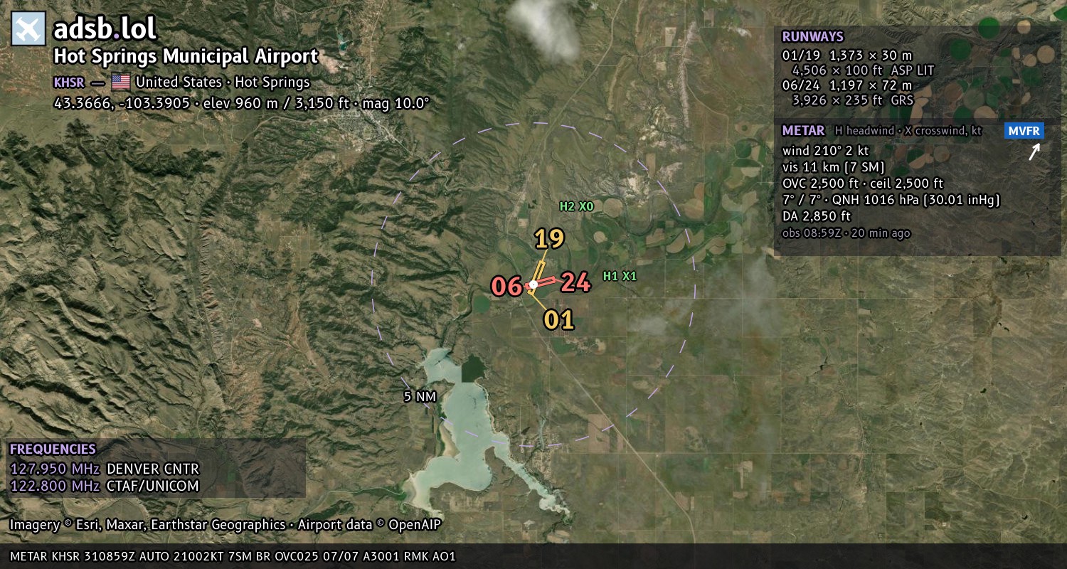 Satellite map with the runway layout of Hot Springs Municipal Airport (KHSR)