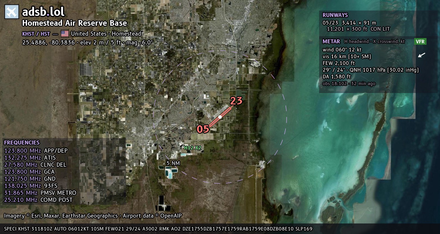 Satellite map with the runway layout of Homestead Air Reserve Base (KHST)