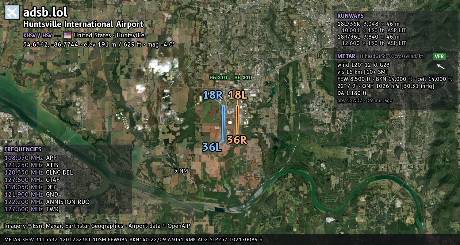 Satellite map with the runway layout of Huntsville International Airport (KHSV)