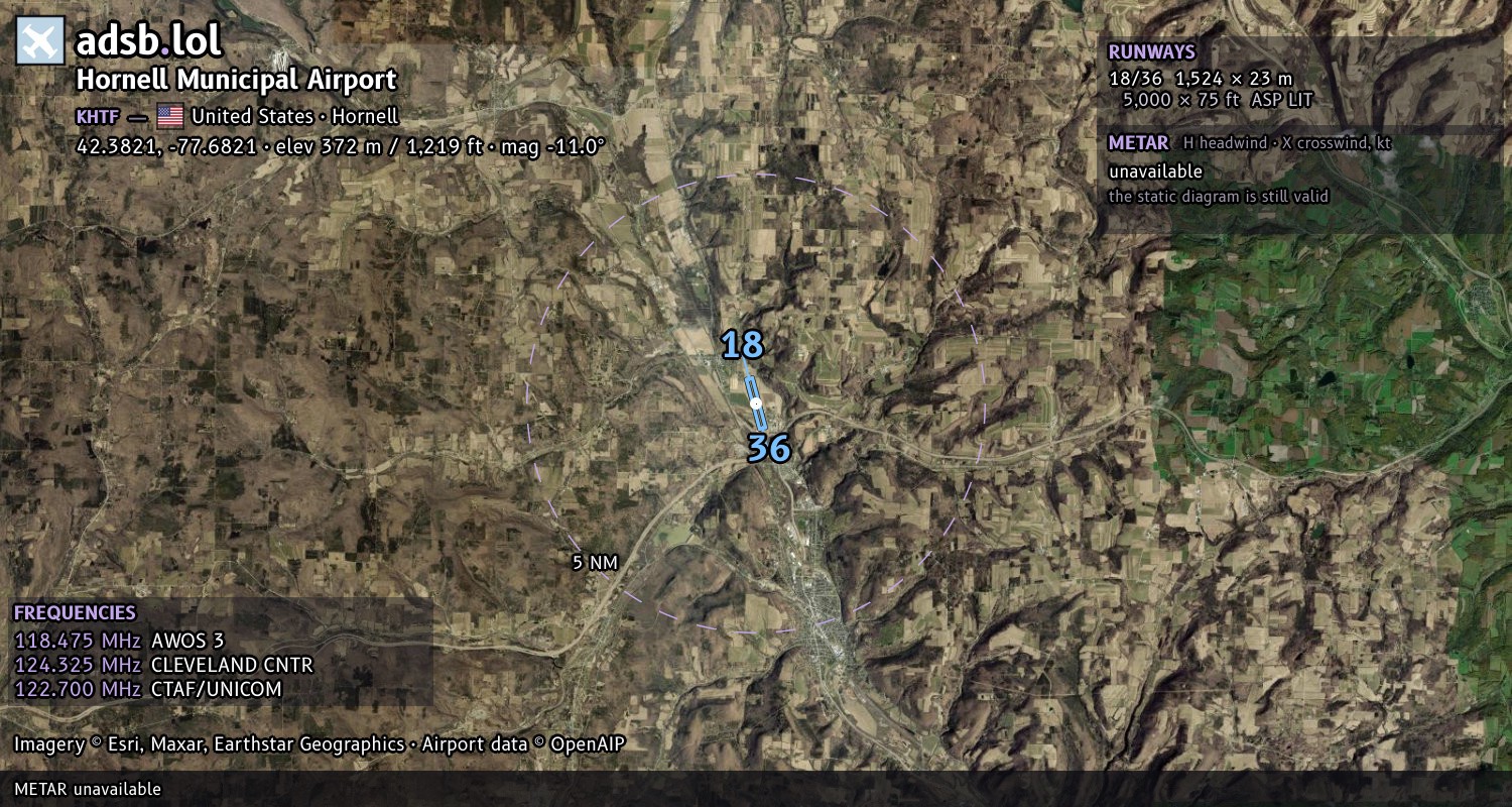 Satellite map with the runway layout of Hornell Municipal Airport (KHTF)