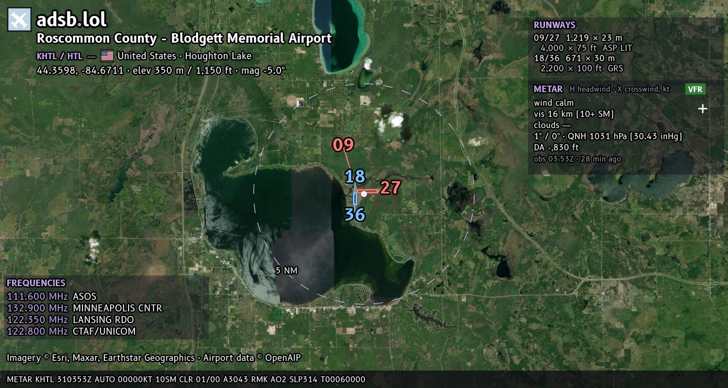 Satellite map with the runway layout of Roscommon County - Blodgett Memorial Airport (KHTL)