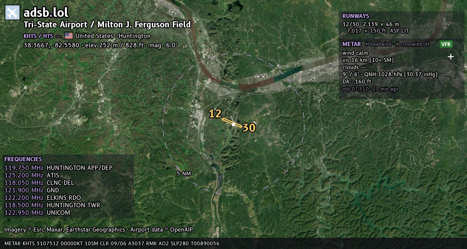 Satellite map with the runway layout of Tri-State Airport / Milton J. Ferguson Field (KHTS)