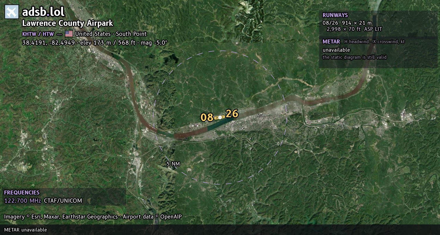 Satellite map with the runway layout of Lawrence County Airpark (KHTW)