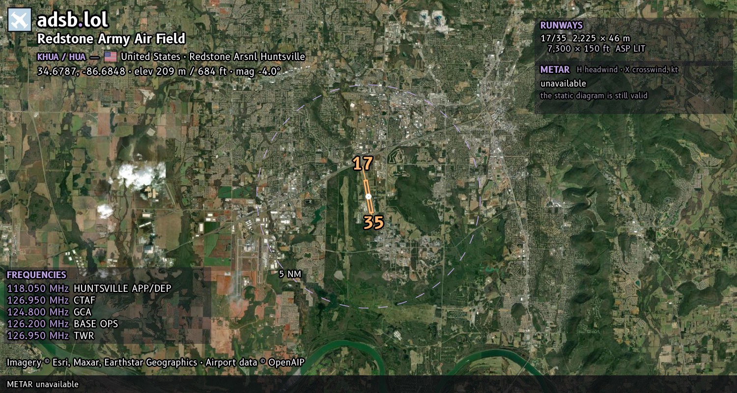 Satellite map with the runway layout of Redstone Army Air Field (KHUA)