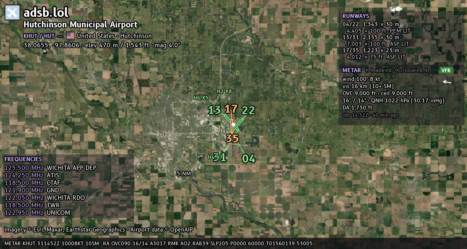 Satellite map with the runway layout of Hutchinson Municipal Airport (KHUT)