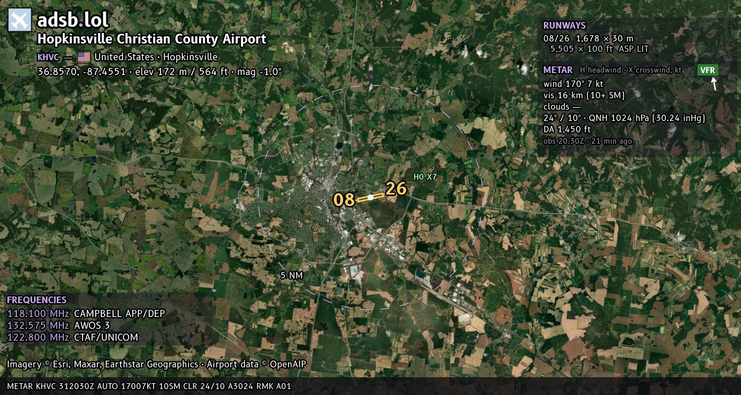 Satellite map with the runway layout of Hopkinsville Christian County Airport (KHVC)