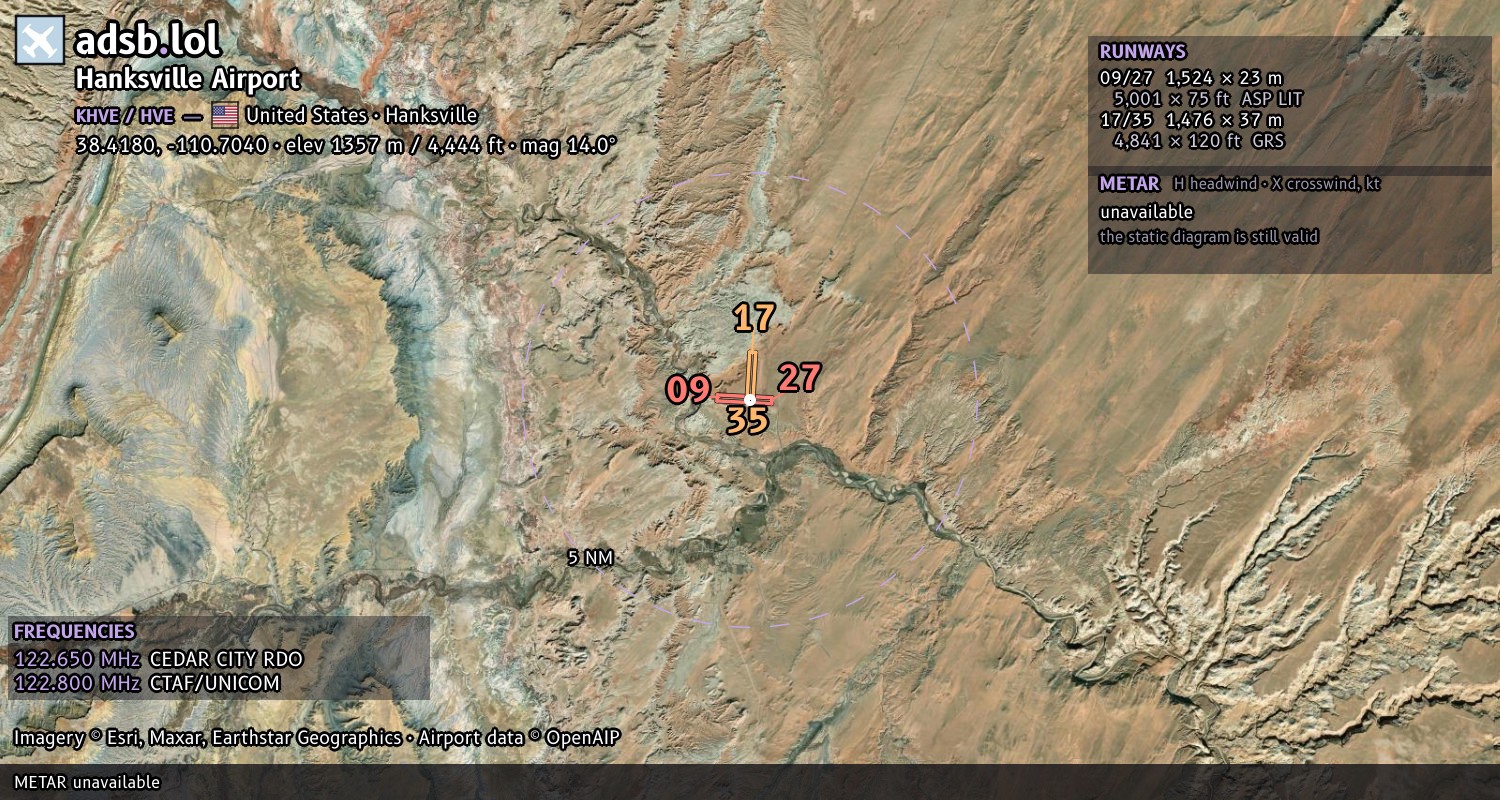 Satellite map with the runway layout of Hanksville Airport (KHVE)